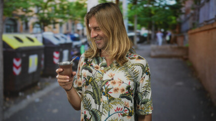 Fototapeta premium Man with long blond hair smiles while holding a traditional mate cup on a cobblestone street in sunlight; serenity.