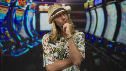 Blond man with straw hat and hand on chin thinking near slot machines in casino building; curiosity...