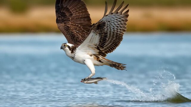an osprey with its talons outstretched, catching a fish in the water. photo in the style of national geographic magazine. 4k video