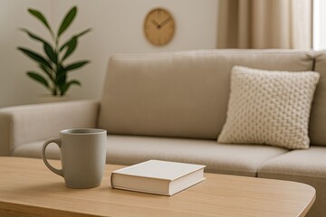cozy living room ambiance, tranquil interior scene incorporating minimalist design and soft elements