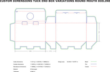 Round Mouth Box Dieline ,Custom Tuck End Packaging Template with Fold, Trim, and Crease Guides