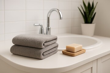 stacked towels and soap with potted plant against white tiles evoke serene spa bathroom atmosphere