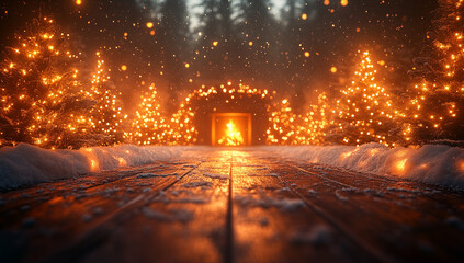 Magical winter forest path illuminated by warm christmas lights and a glowing fireplace