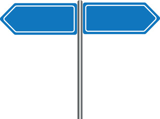 Two blank blue directional road signs on a metal post indicating choices vector