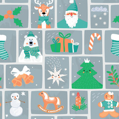 Christmas mosaic seamless pattern with cute characters. Polar bear, deer, snowman, Santa, christmas tree, star, candle, gifts, sock, bells, holly. Cartoon objects on grange shapes. Print on fabric.