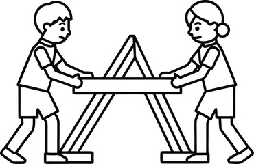 Two children working together to build a wooden structure isolated on transparent background