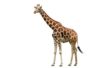 Obraz premium Giraffe standing tall a long-necked mammal with spotted coat isolated on white background for educational or wildlife content