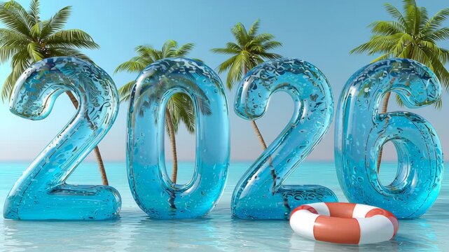 Colorful inflatable numbers 2026 float on tranquil water, surrounded by palm trees, with a lifebuoy nearby, showcasing a vibrant summer scene, camera slowly zooms in for detail