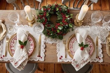 Elegant Christmas dinner flat lay. table setting. Holly napkin rings, evergreen wreath, candles on rustic wooden table. Warm red, green gold palette. Banners, menus, blogs, web headers, templates