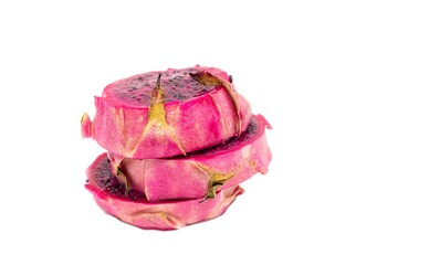 Closeup of Dragon Fruit Slices or Pitaya Slices Isolated on White Background with Copy Space