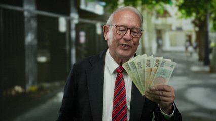 Senior man holding czech koruna banknotes in business attire on a street, showcasing wealth and...