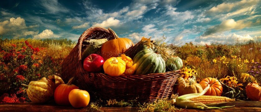 Autumn bounty: a celebration of nature's harvest on a tranquil table. Action poster. Golden hour harvest: a basket of seasonal riches under a vibrant sky. Epic poster. Hero poster.