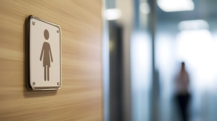 Sign for women's restroom on a light wood door with a metal frame. A blurred person in the background. Indicates facilities for women, making it convenient for people.
