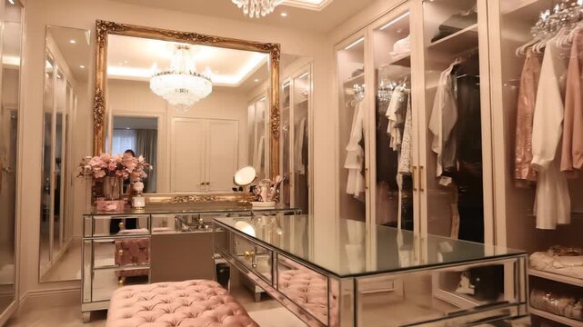 An elegantly designed walk-in closet featuring a mirrored vanity table, plush pink ottoman, and floor-to-ceiling apparel storage with clothing racks and shelving.