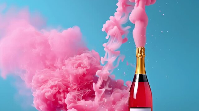 Sparkling champagne bottle erupts with vibrant pink smoke, showcasing dynamic motion and color explosion, as the camera follows the action, capturing the festive atmosphere of celebration
