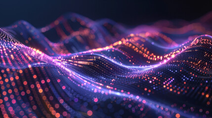 abstract background featuring glowing digital waves or sound waveforms made of interconnected particles in blue, neon pink, and orange. Image represents big data, networking, ai, and high technology.
