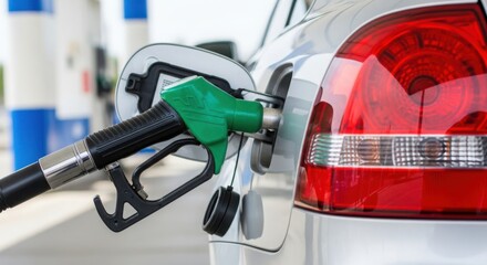 Green fuel nozzle inserted into a silver car's gas tank at a petrol station, symbolizing vehicle refueling and transportation costs