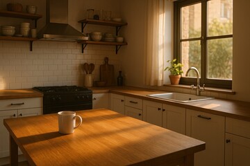 sunlit kitchen with breakfast setup, bright kitchen ambiance with breakfast items and morning