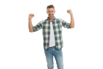 Naklejka premium Stylish menswear fashion. Caucasian happy successful man. Man in checkered shirt isolated white. Handsome mature man with grey hair. Stylish male. Men casual style. Portrait handsome guy in menswear