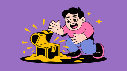 Excited cartoon man discovering a treasure chest overflowing with golden coins and jewels in a vibrant illustration