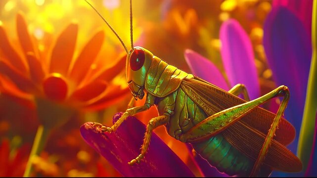 A vibrant grasshopper perched on colorful flowers in soft sunlight.