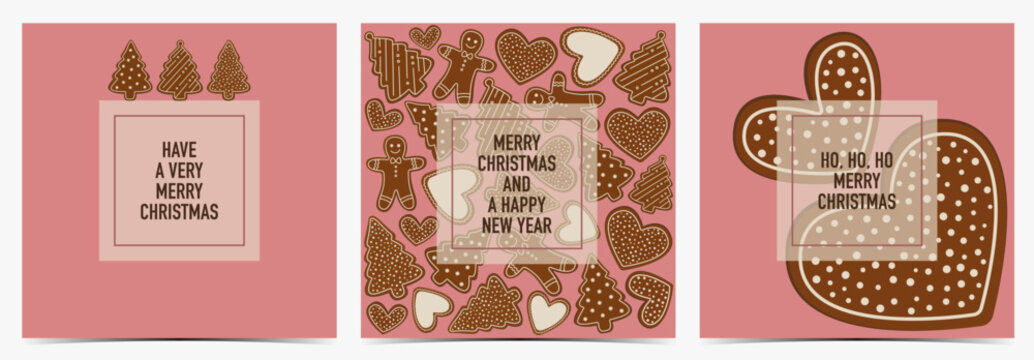 Merry Christmas, happy new year cute greeting card, poster, template, label set with adorable gingerbread cookies in different shapes on pink background, vector illustration