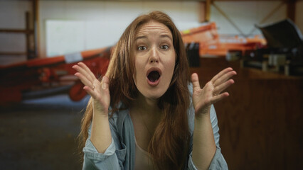 Woman in light blue denim shirt raises bare hands and looks up showing freckled face in building...