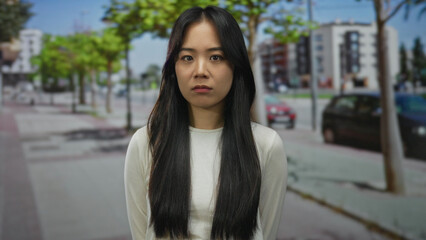 Woman standing on outdoor city street with long hair looking thoughtful enjoying a sunny day with blurred trees and buildings in background
