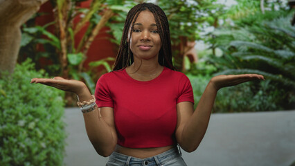 Young woman palms up presenting in a forest park area with green plants and casual red top and...