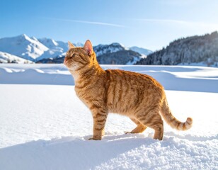 Ginger cat stands proud in snow, snowy mountains background
