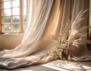 create a chic boho wedding background with a smooth neutral beige linen fabric include abstract floral patterns illuminated by sunlight to achieve an artistic and elegant look