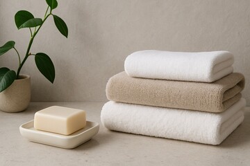 elegant spainspired bathroom arrangement, premium linen towels paired with aromatic soap