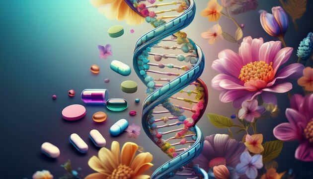 dna strand surrounded by flowers and pills for hormone therapy concept
