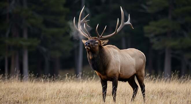 Majestic bull elk with large antlers in a field