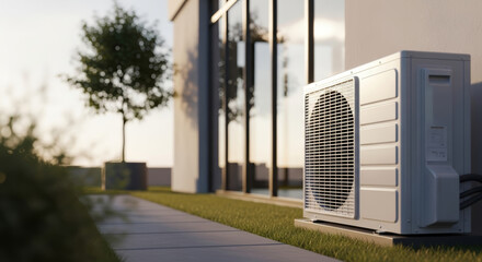 Fototapeta premium A modern air conditioning unit sits outside a building with reflective windows and green grass area around