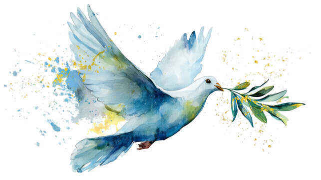 Watercolor white dove flying with olive branch and golden splashes, peace and hope illustration isolated on transparent background