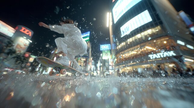 Skateboarder jumps in Tokyo street vibrant nightlife