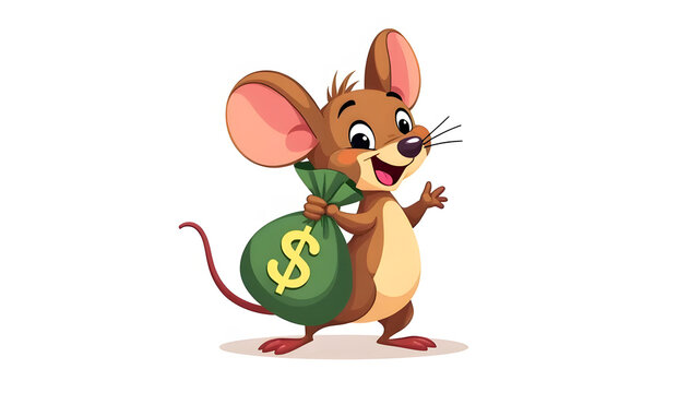 cartoon illustration of a mouse carrying a bag of money