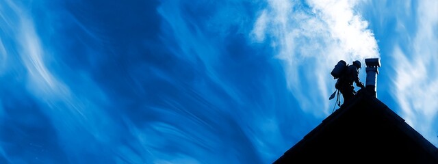 Chimney sweeper on the roof of a house in an attempt of chimney sweeping