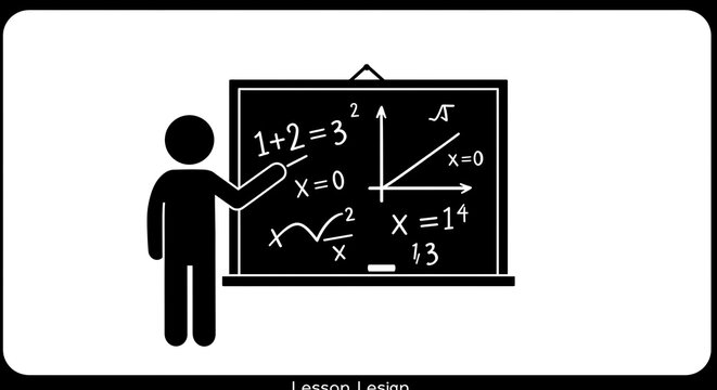 Teacher pointing at math equations on a blackboard isolated on white background
