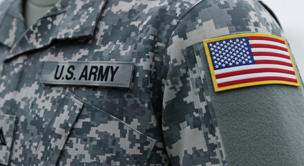 Close up of a us army uniform with the american flag and us army patch on the sleeve of the uniform