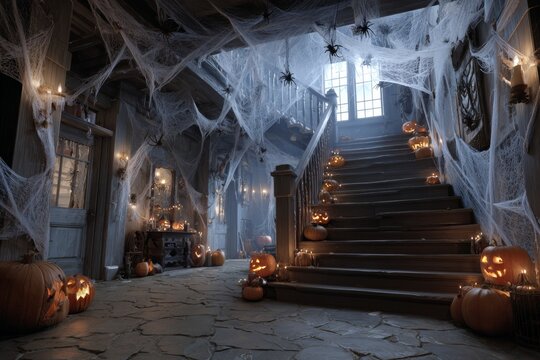 Spiders, pumpkins, and webs: a chilling halloween house design. Professional look. A gloomy halloween interior with pumpkins and subtle spider webs. Advertising photo. Color background.