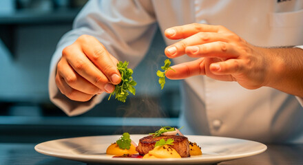 Executive chef delicately garnishing a gourmet steak dish with fresh herbs, adding the final touches for a stunning culinary presentation in a high-end restaurant