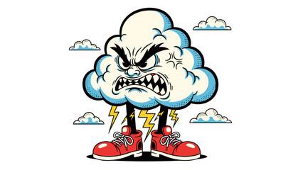 Angry Thunder Cloud Cartoon Mascot with Lightning and Sneakers Vector Illustration