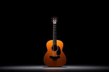 Naklejka premium Acoustic guitar in spotlight against dark backdrop, strings gleaming. Music instrument in the spotlight. Ready to play. The guitar shines, waiting for the musician.