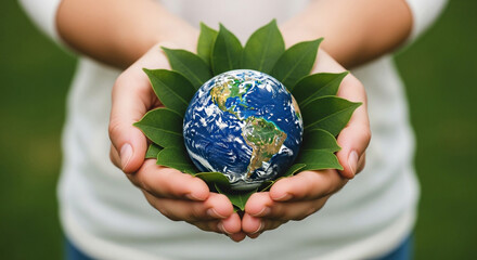 Protect our Earth with love showing the world in hands surrounded by leaves, a symbol of Earth Day and environmental conservation