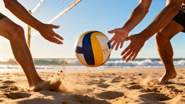 Witness the intensity of players leaping for a beach volleyball rally
