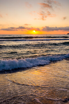 closeup of wave rolling on sandy shore at golden sunrise. cozy bamboo beach of sozopol at the black sea in summer. sun glowing over horizon. beautiful low angle vertical image for travel background