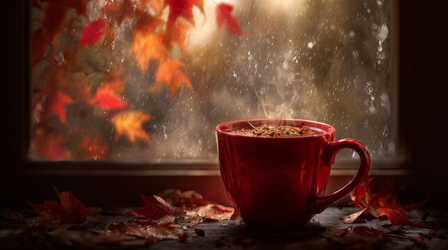 Warm beverages and the serenade of the autumn rain. Poster graphics. Enhanced autumn drink with cinnamon by a rain-streaked window. Blockbuster poster. Hero poster.
