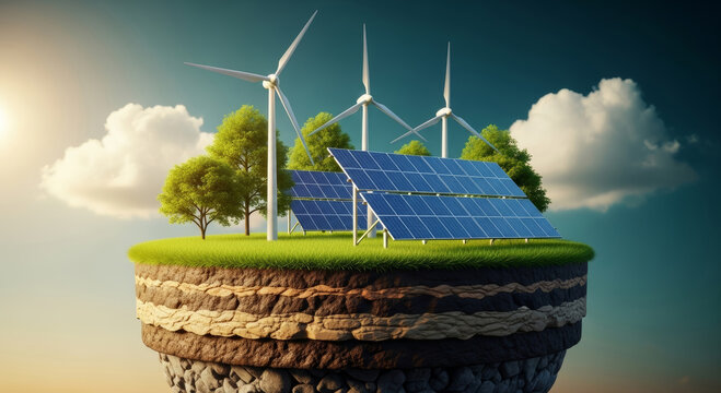 Island with wind turbines solar panels trees and layered earth under a blue sky with clouds